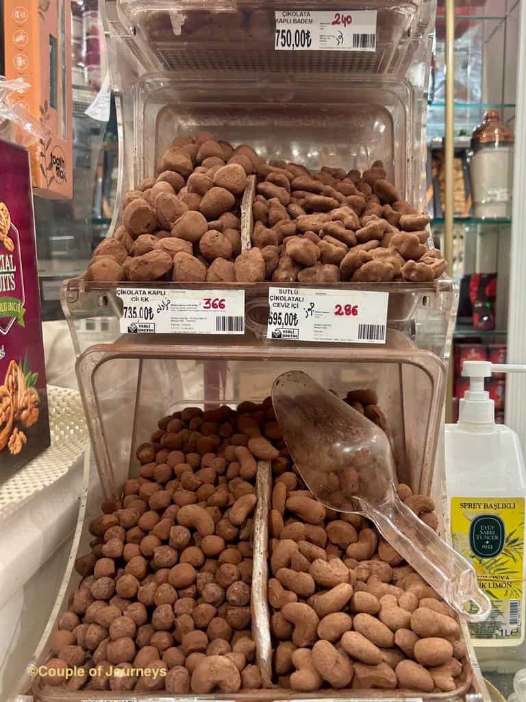 Chocolate coated nuts sold at Spice Bazaar in Istanbul