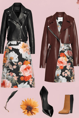  A collage featuring floral skirts paired with leather jackets in black and burgundy, accessorized with pointed heels, ankle boots, and a sunflower motif, ideal for stylish Munich travel outfits in spring or fall.
