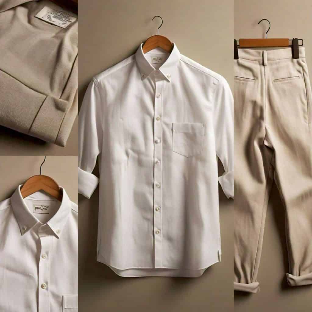 A crisp white button-up shirt paired with tailored beige linen trousers, offering a comfortable and stylish Munich travel outfit for spring or summer days.