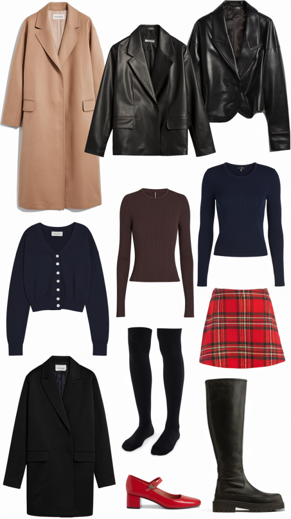 A selection of chic Germany travel outfits for Fall , featuring a beige overcoat, black faux-leather blazers, navy and brown knit sweaters, a plaid red skirt, black tights, a black blazer, red Mary Jane shoes, and black knee-high boots. These pieces offer a blend of warmth and stylish layers for exploring Germany during autumn
