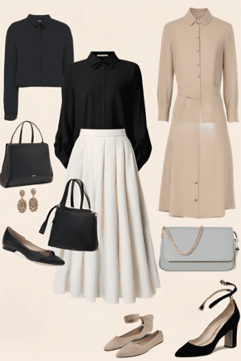 A collection of sophisticated women's outfits featuring a black blouse with a white pleated skirt, a beige button-up dress, black and beige handbags, and elegant flats and heels. Accessories include gold drop earrings and a light blue purse with a chain detail, perfect Croatian Travel Outfits for professional or semi-formal occasions.