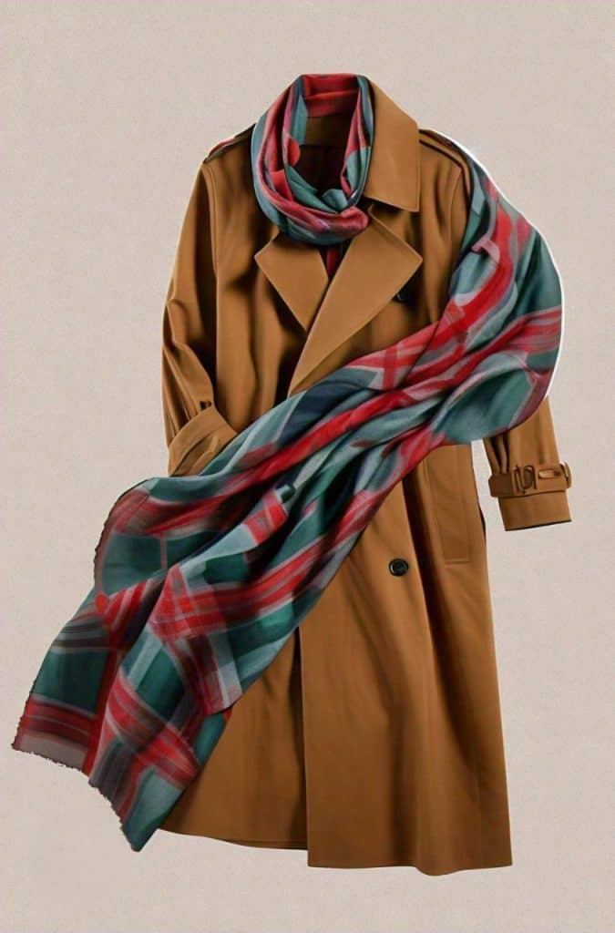 A warm brown trench coat paired with a vibrant plaid scarf in red and green, offering a cozy and stylish Munich travel outfit for fall or winter.