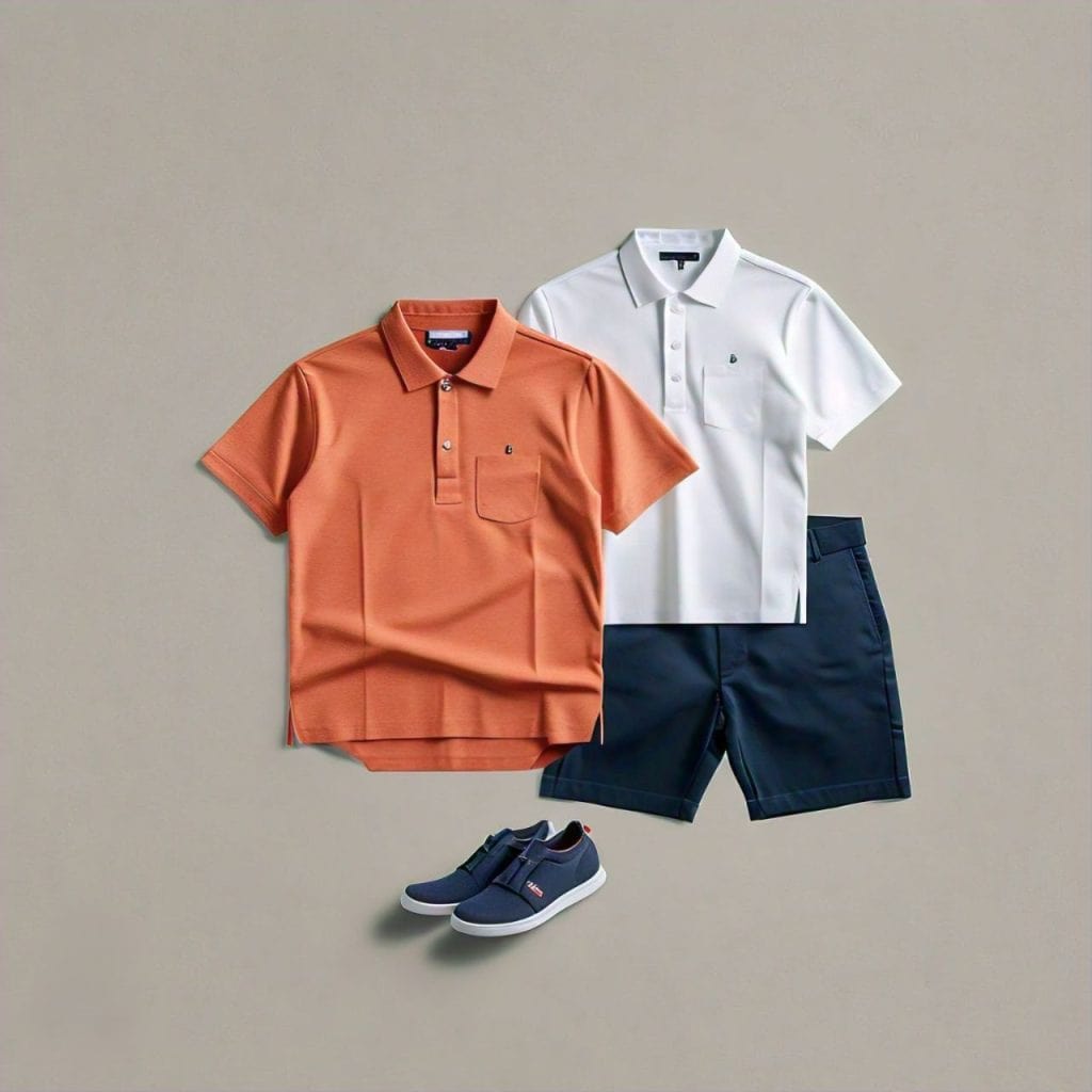  Two casual looks featuring orange and white short-sleeve polos paired with navy Bermuda shorts and sneakers, perfect for active Munich travel outfits in warm weather.