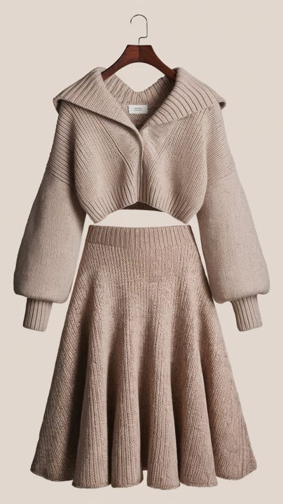  A chic beige knit sweater paired with a matching A-line skirt, creating a warm and feminine Munich travel outfit for transitional seasons.