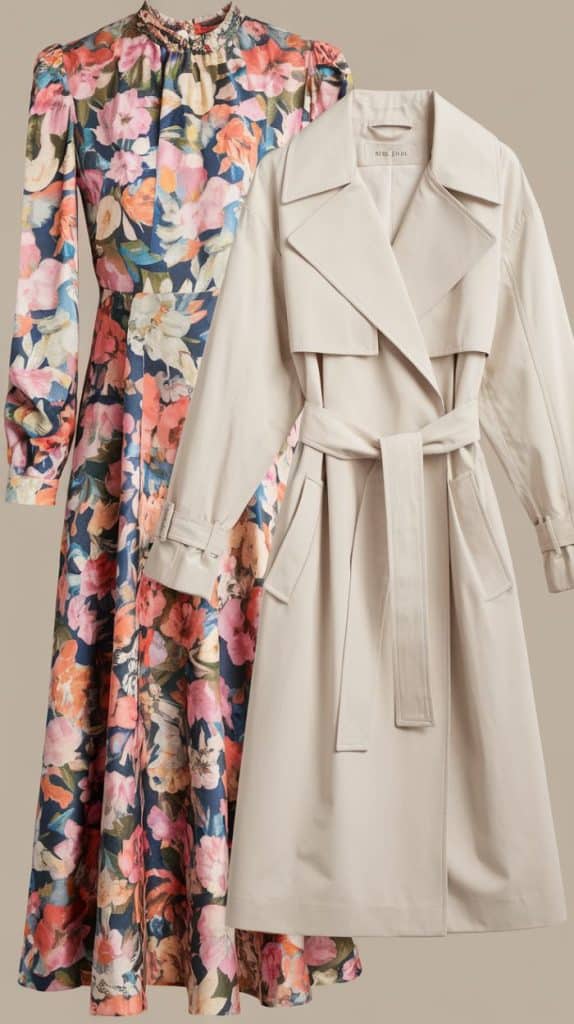 A vibrant floral midi dress paired with a light beige trench coat, ideal for creating versatile Munich travel outfits that transition from day to evening.