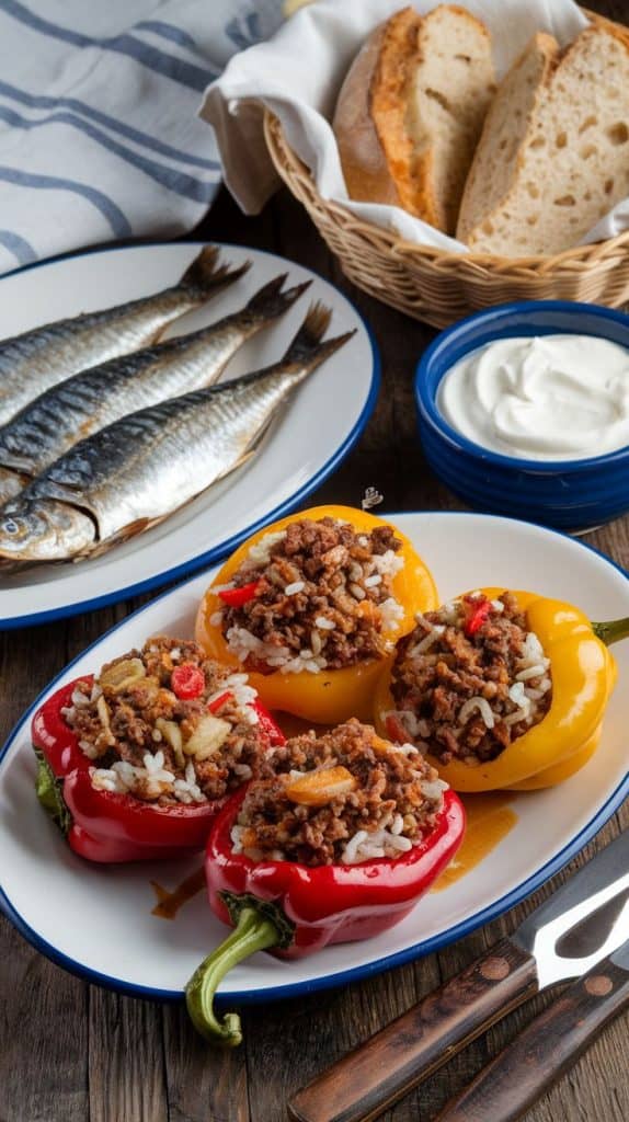A plate of vibrant red and yellow bell peppers stuffed with minced meat and rice, served alongside grilled fish, fresh bread, and a bowl of creamy yogurt. The rustic presentation evokes a homely Dubrovnik Croatia aesthetic.