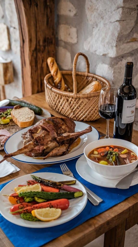  A hearty meal featuring a roasted meat platter, a bowl of vegetable soup, grilled vegetables with lemon, and a bottle of red wine on a wooden table. The setting, complete with a basket of bread, highlights the Dubrovnik Croatia aesthetic with its cozy, traditional dining vibe.