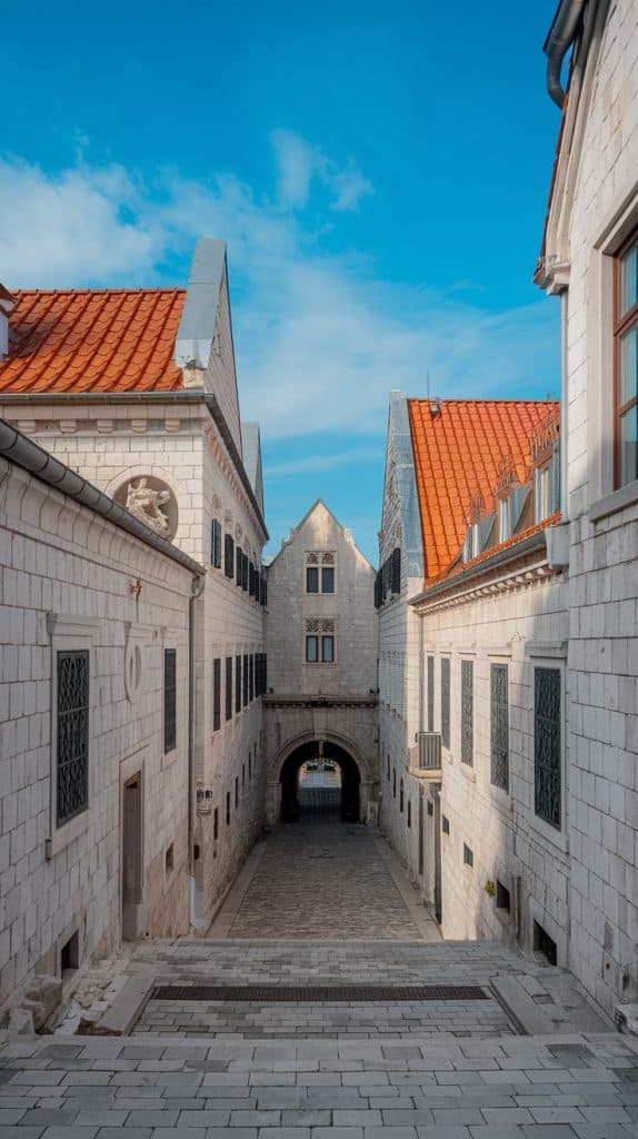 A stunning stone-paved alleyway in Dubrovnik, framed by historic white-stone buildings and leading to an arched gateway. The architecture highlights the Dubrovnik Croatia aesthetic of medieval elegance and coastal beauty.