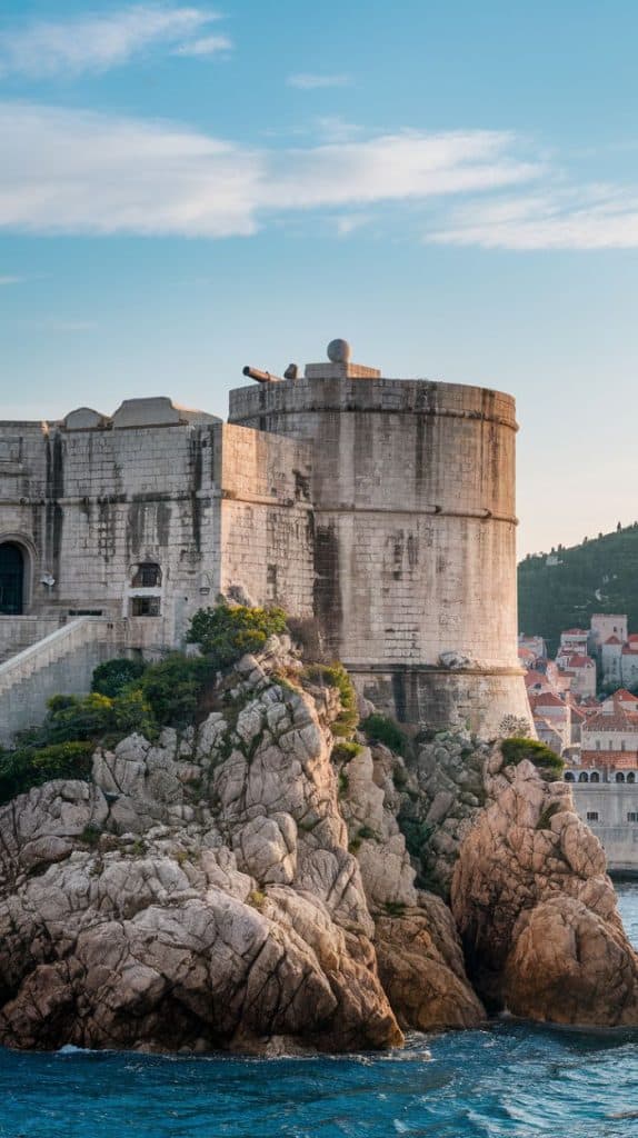  A stone fortress perched on rugged coastal rocks, surrounded by the deep blue Adriatic Sea. The scene exudes the Dubrovnik Croatia aesthetic with its medieval architecture and dramatic seaside setting.