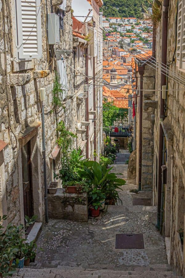 A stairway winding through Dubrovnik’s Old Town, surrounded by stone houses with white shutters and cascading plants. The lively and authentic ambiance reflects the Dubrovnik Croatia aesthetic.