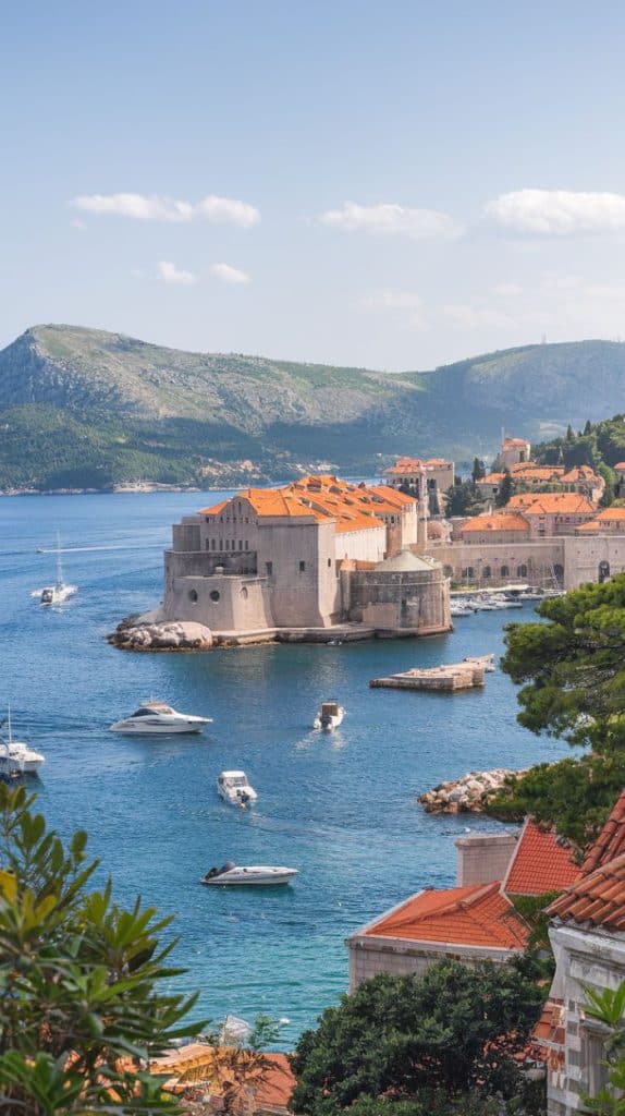  A dramatic shot of a medieval sea fort in Dubrovnik, standing solid against the deep blue Adriatic Sea. The image embodies the Dubrovnik Croatia aesthetic with its historic grandeur and coastal allure.