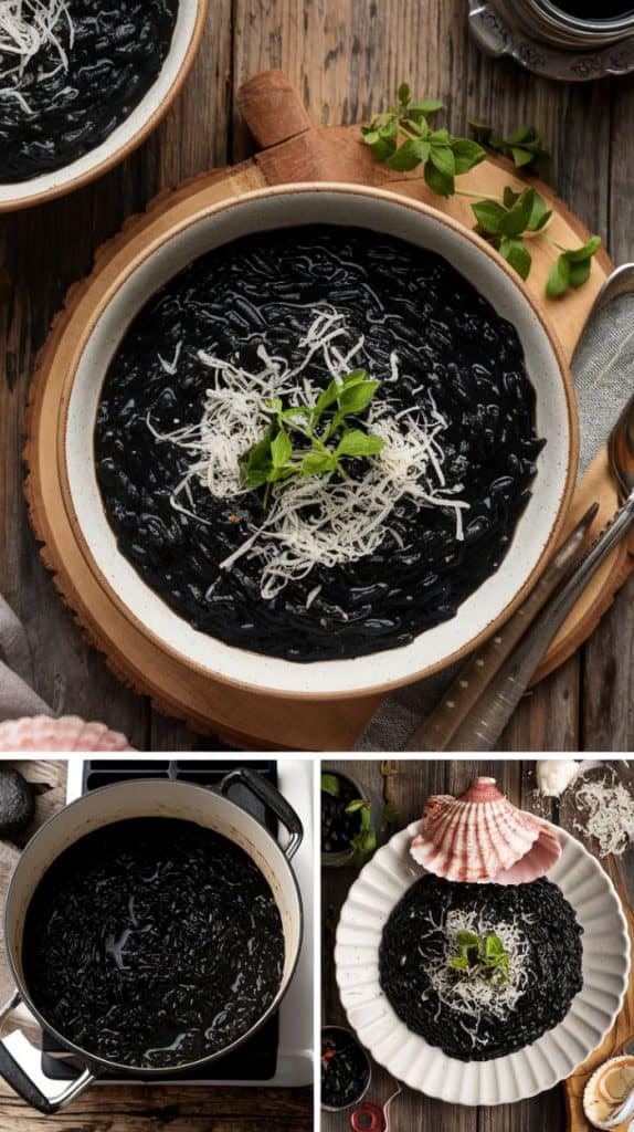  A creamy black risotto garnished with fresh herbs and grated cheese, served in rustic bowls on a wooden table. This signature dish reflects the authentic Dubrovnik Croatia aesthetic with its rich, local flavors.