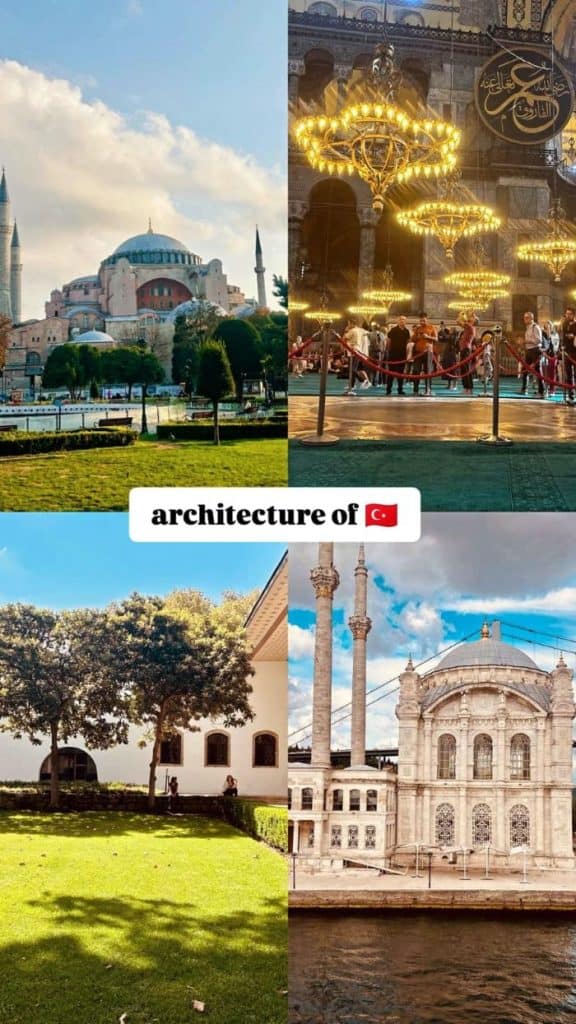 A collage of Istanbul’s architecture, including the Hagia Sophia under a bright sky, an illuminated mosque interior with chandeliers, a serene garden, and the waterfront Ortaköy Mosque. A stunning Istanbul Instagram story