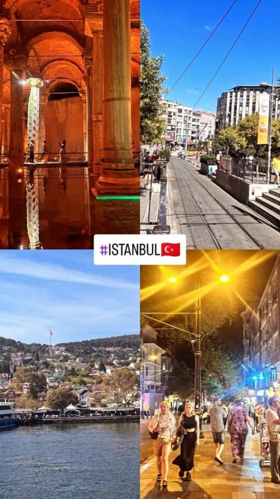  A collage showcasing Istanbul’s rich diversity, featuring the Basilica Cistern, a lively street with tram tracks, the Bosphorus waterfront, and a vibrant night scene. Captures the city's essence for an Istanbul Instagram story.