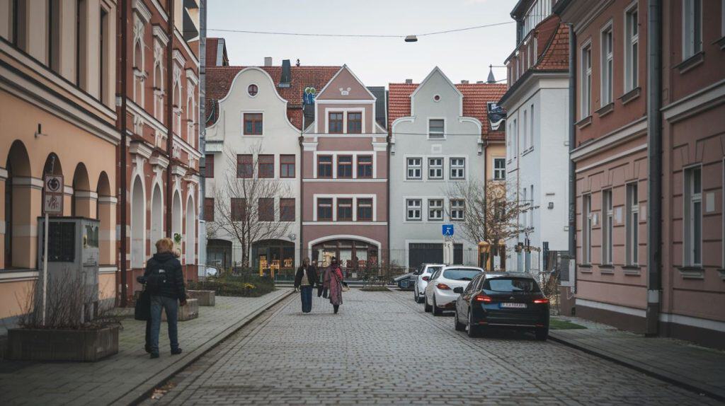 A charming cobblestone street in Haidhausen, Munich, lined with pastel-colored buildings featuring traditional European architecture, perfect for exploring on a Munich 2 Day Itinerary.