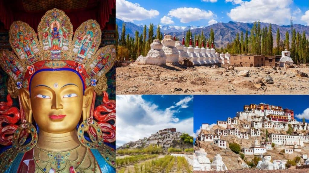 Thiksey Monastery built on a hillside with white and red buildings stacked in tiers under a dramatic sky—one of the top cultural highlights in a leh ladakh itinerary.